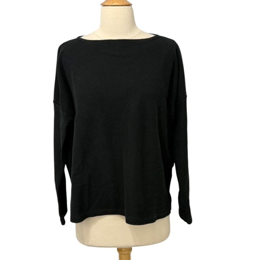 ICHI Antiquites Black Long Sleeve Top Boxy Relaxed Modern Waffle Cotton Linen OS